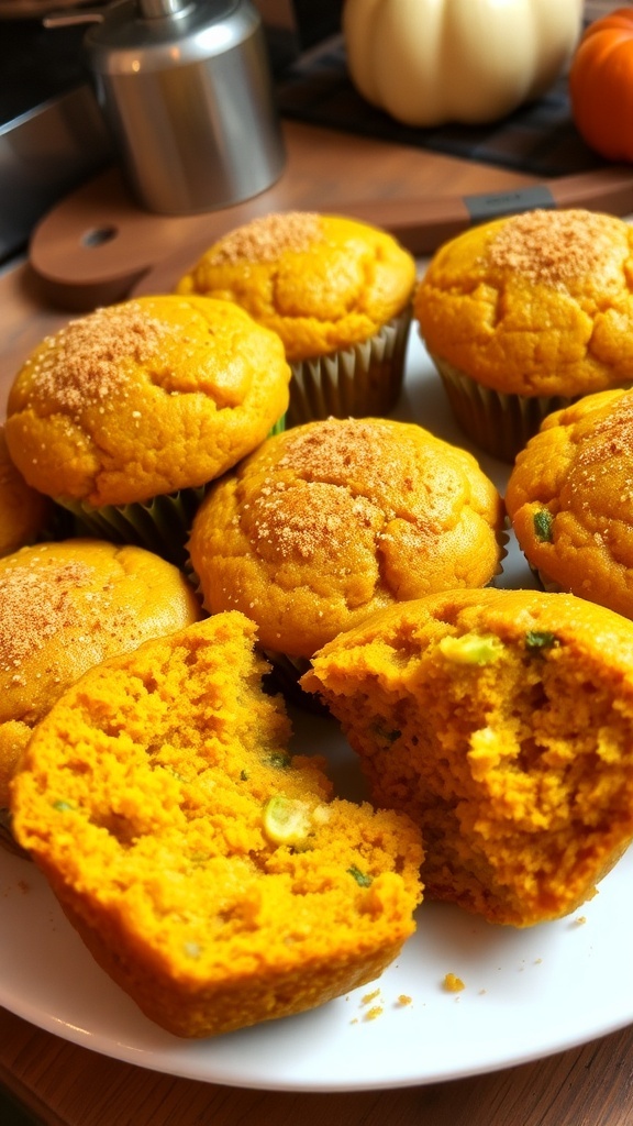 Freshly baked pumpkin zucchini muffins on a plate, showcasing their golden color and texture.